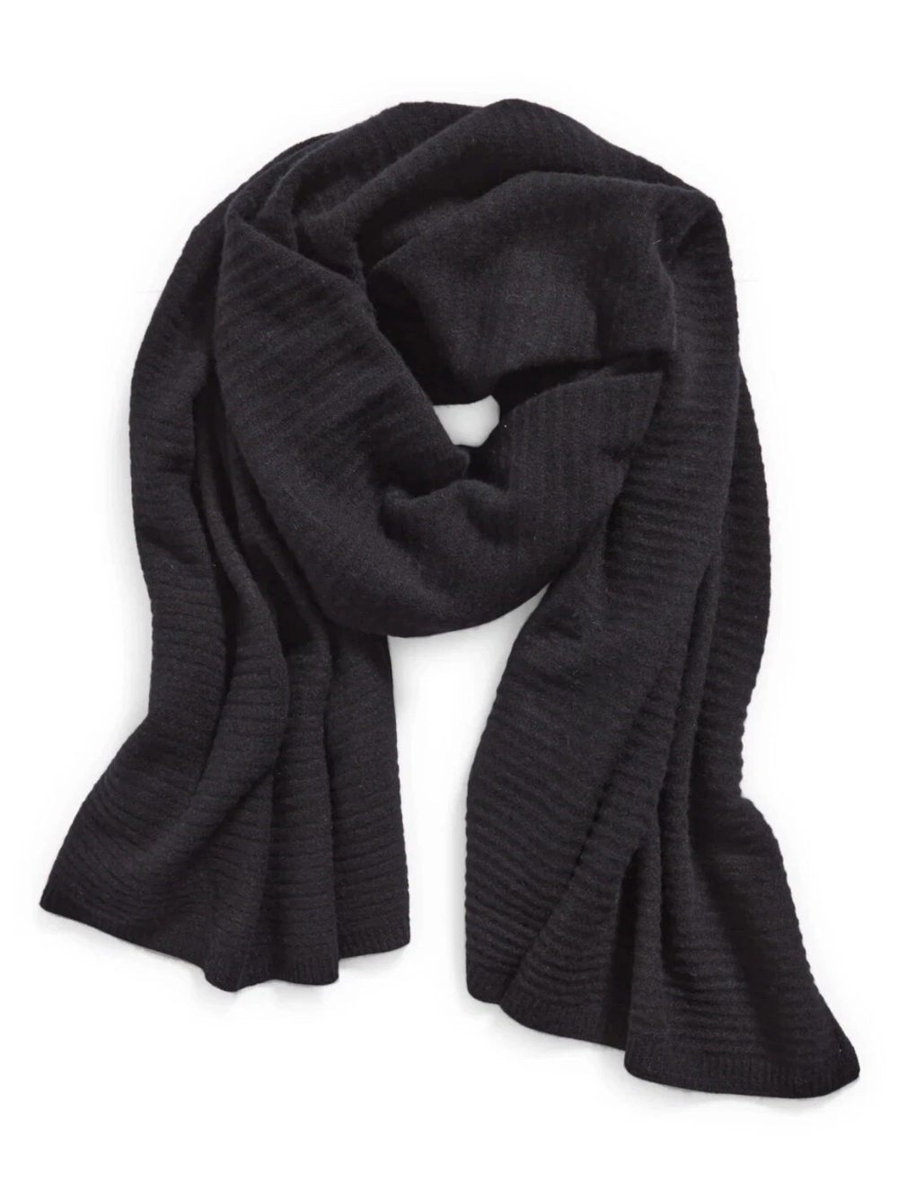 Nordstrom Wide Black Knit Ribbed 100% Cashmere Scarf New 23”x70”